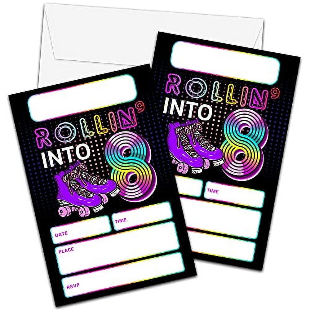 Roll into Fun 8th Birthday Roller Skating Party Invitations (20 Sets