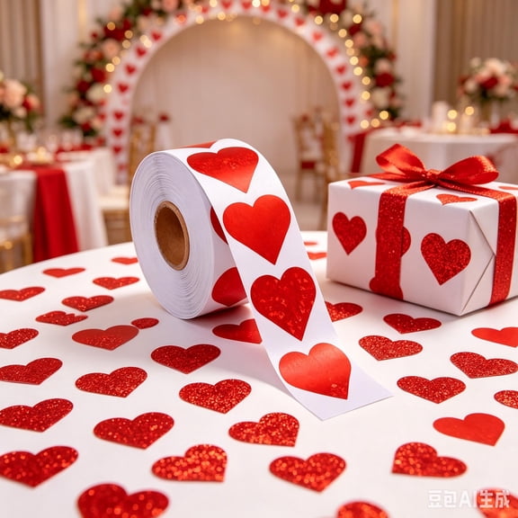 Roll Heart Shape Stickers, Assorted Colorful Self Adhesive Heart Labels, Glitter Rainbow Pattern Heart Sticker Rolls for Valentine Wedding Gift Packaging Craft Decor