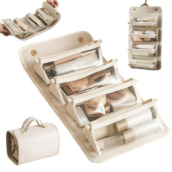 Roll up Makeup Bag, Large Travel Makeup Bag, Foldable Makeup Bag, Waterproof Hanging Toiletry Bag with 4 Clear Detachable Interior Pockets, Portable Cosmetic Bag for Women Travel Essentials (Beige)