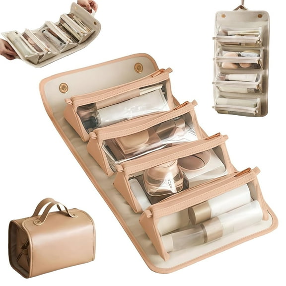 Roll up Makeup Bag, Large Travel Makeup Bag, Foldable Makeup Bag, Waterproof Hanging Toiletry Bag with 4 Clear Detachable Interior Pockets, Portable Cosmetic Bag for Women Travel Essentials (Khaki)