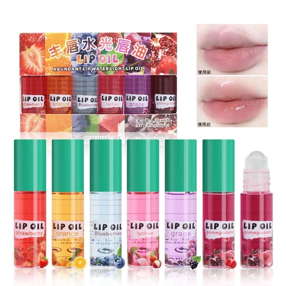 Roll-On Lip Oil Set 6 Pcs, Plumping Hydration with Fruity Scents for Lip Care 0.14 oz Each