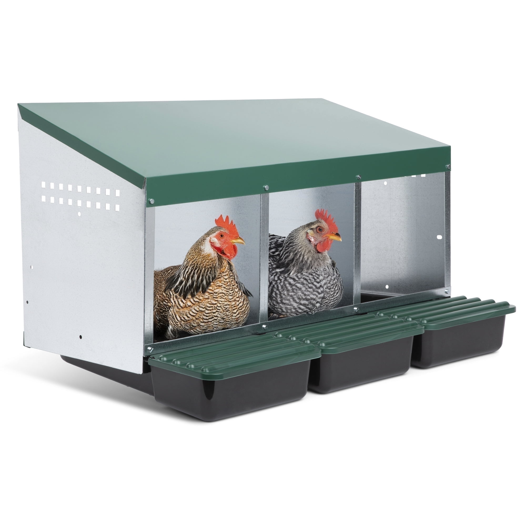 Green and Silver 3-Compartment Roll Out Chicken Nesting Box