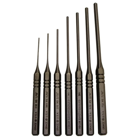 Roll Pin Punch Set 7 Piece - Steel Spring Punches for Gunsmithing, Heat Treated Molybdenum Steel, Hex Stock, Made in USA - RS-7