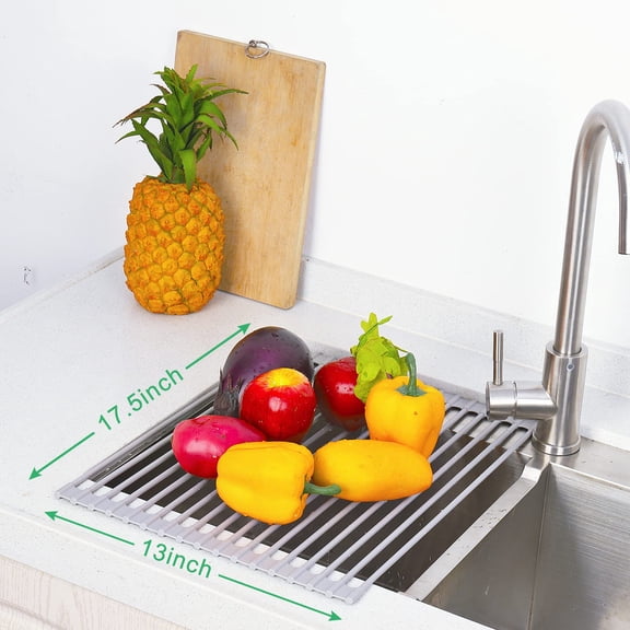 Roll Up Over Sink Dish Drying Rack, 17.5" x 13" Silicone Coated Stainless Steel Foldable Dish Drainer, Heat-Resistant Anti-Slip Multipurpose Kitchen Sink Rack