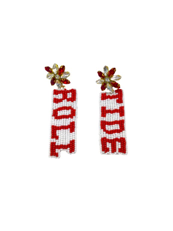 Roll Tide White and Red Seed Beaded Earrings with Rhinestones (Pair)