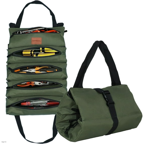 Keyroal Professional 5-Pocket Tool Roll Bag - Heavy-Duty Oxford Fabric Zippered Organizer for Wrenches, Screwdrivers & Pliers, Portable Roll-Up Workshop for Technicians & DIY(Green)
