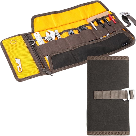 Roll Up Tool Bag Organizer, Small Tool Roll for Pen Lovers & Tech, Waxed Canvas Tool Pouch Pen Bag Pen Case Organizer, Multi-Pocket with Elastic Loops for Pencils, Art Supply, Hard Drives - EDC Bag