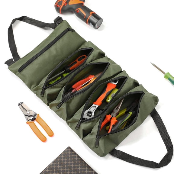 Roll Up Tool Bag, Portable Tool Roll Bag, Multifunctional Canvas ToolBag with 5 Zipper Pockets Green T-ool Wrap RollOrganiser, Ideal for Plumbers, Craftsmen and Electricians
