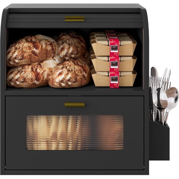 Roll Top Bread Box for Kitchen Countertop, Keep , Easy to Maintenance, Double Layer Wooden Breadbox with Window for Homemade Bread, Sandwich Loaves, Baked Goods (Black)