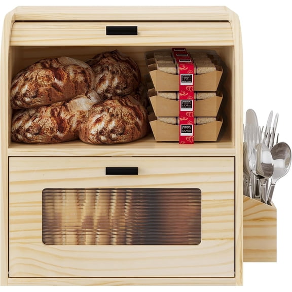 Roll Top Bread Box for Kitchen Countertop, Keep , Easy to Maintenance, Double Layer Wooden Breadbox with Window for Homemade Bread, Sandwich Loaves, Baked Goods ( Color)