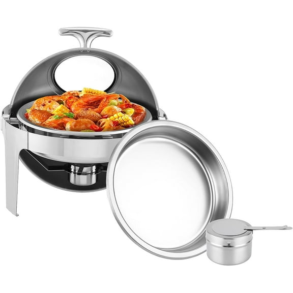 Roll Top Chafing Dish 6 Qt Stainless Chafer with Viewing Lid Buffet Server and Warmer Set for Weddings Parties Catering