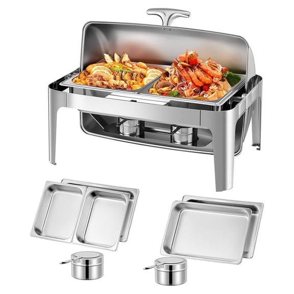 Roll Top Chafing Dish Buffet Set, 13QT Stainless Steel Chafing Dishes for Buffet, Food Warmer for Catering, Parties, Wedding, 1 Full Size & 2 Half-Size Buffet Servers and Warmers Dish, 1 Water Pan