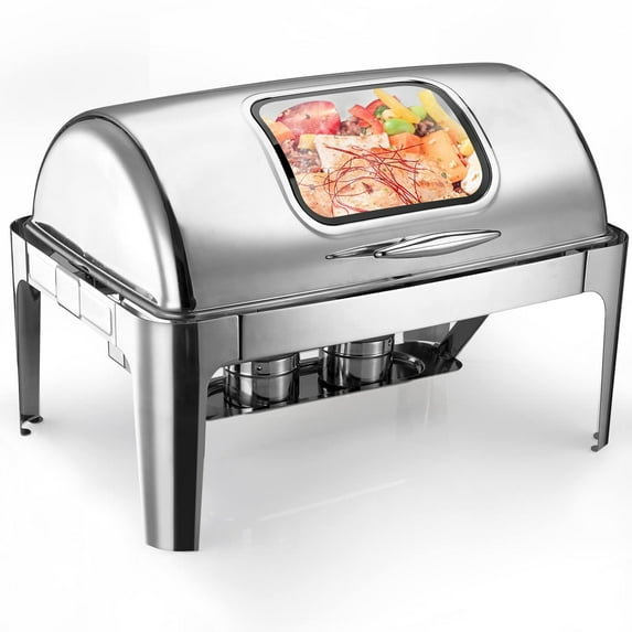 Roll Top Chafing Dish Buffet Set, Professional 9 QT Visible Stainless Steel Commercial Chafer for Catering, Buffet Servers and Warmers