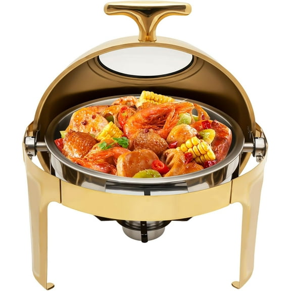Roll Top Chafing Dish for Buffet, 6L/6.34Qt Stainless Steel Round Chafer, Food Warmer with Fuel Holder for Party Wedding Banquet Event(Gold)