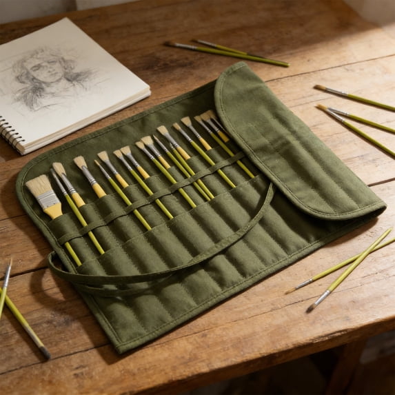 Roll-Up Canvas Brush Holder with 22 Slots - Portable Pouch for Oil, Acrylic, Watercolor & Calligraphy Painting Supplies, Army Green