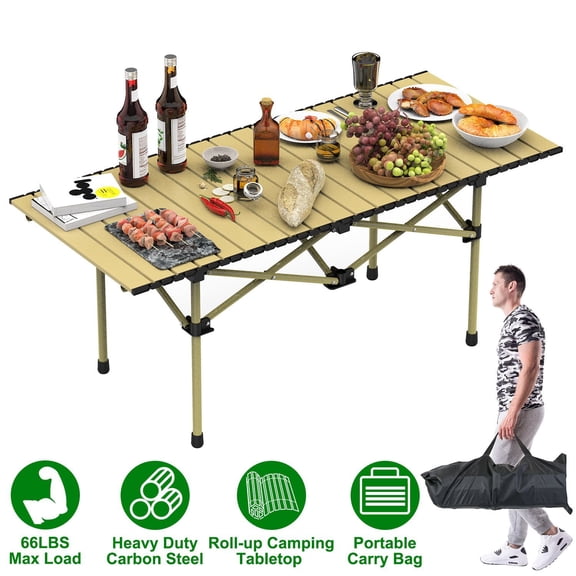 Roll Up Carbon Steel Camping Table, Portable Foldable Outdoor Table with Carry Bag, Tool-Free Setup, Heat Resistant Picnic BBQ Table 2 Sizes Optional