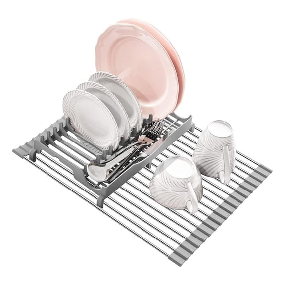 Roll Up Dish Drying Rack 17.1x13.1", Over Sink Strainer Stainless Steel, Foldable Kitchen Countertop Dish Drainer with Utensil Holder