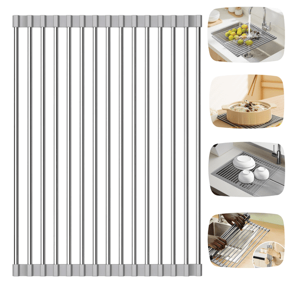 Roll-Up Dish Drying Rack, 20.5" x 13.8" Over The Sink Kitchen Sink Drying Rack, Portable Dish Drainer Foldable Dish Drying Rack (Gray)