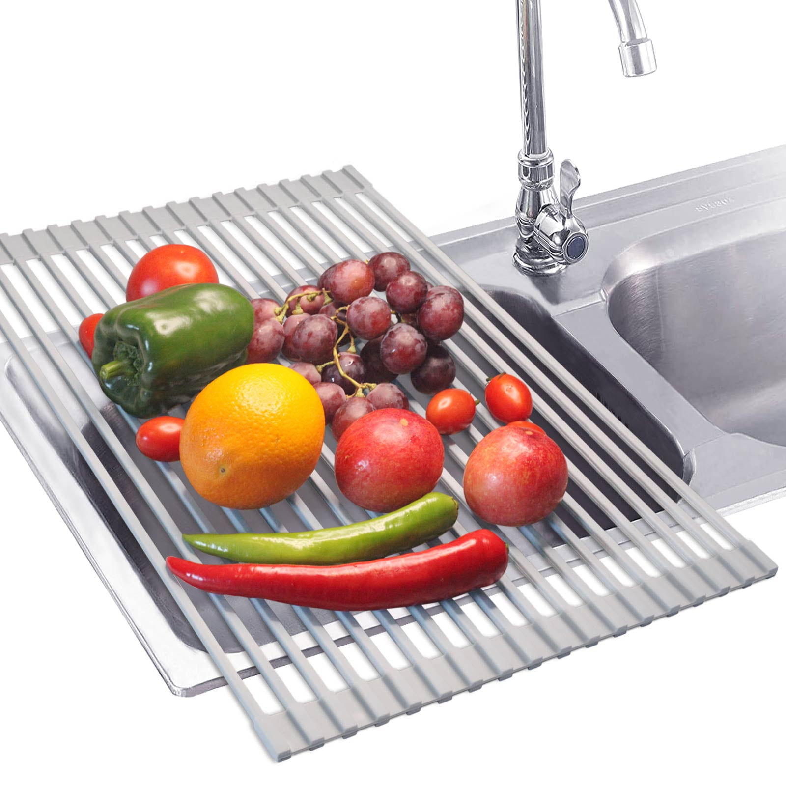 kitidy Over The Sink Multipurpose Roll-Up Dish Drying Rack - Stainless Steel  Foldable Sink Dish Drainer with Utensil Caddy – Kitidy