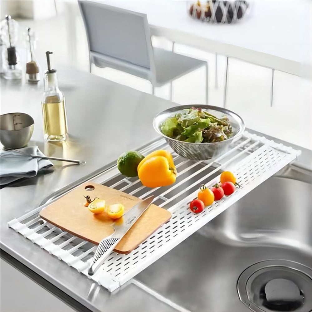 Roll Up Dish Drying Rack Over The Sink Dish Drying Rack  Foldable Portable Silicone Metal Dish Drainers for Kitchen White