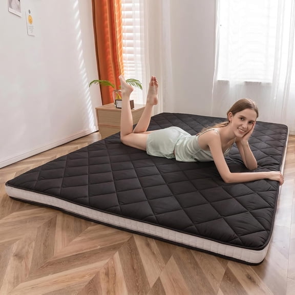 Roll-Up Floor Mattress with Thick Quilted Padding – Ultra-Soft, Portable & Space-Saving Sleeping Pad for Guests, Dorms, or Daily Floor Use, Includes Easy-Carry Strap,Diamond Black