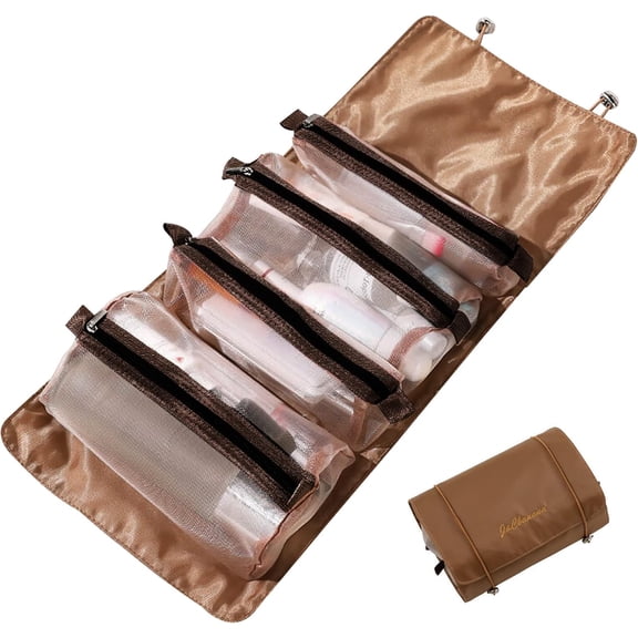 Roll Up Makeup Bag, Hanging Toiletry Bag, 4 in 1 Detachable Cosmetic Bag, 4 Removable Storage Bags, Travel Makeup Organizer Bags for Women Men