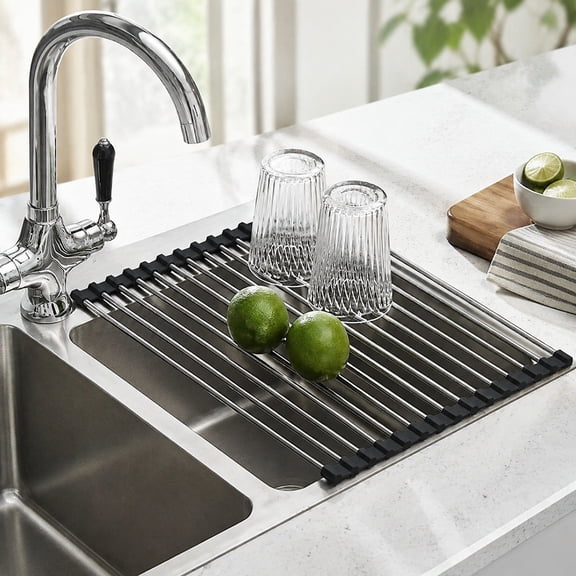 Roll Up Over Sink Dish Drying Rack, Foldable Stainless Steel Dish Drainer for Kitchen Counter, Rolling Dish Rack with Sink Mat, 17.5"x11.8