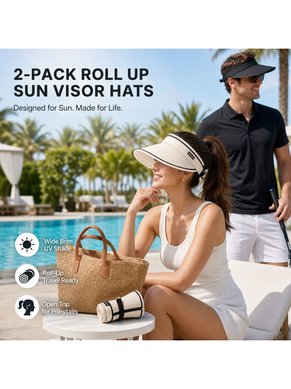 2-Pack Roll-Up Straw Sun Visor Hats, Wide Brim UV Protection Beach Accessories (Beige/Black)