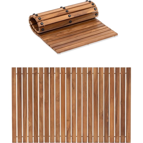 Roll Up Teak Bath Mat, Pre-Oiled Wooden Shower Mat with Non-Slip Pads, Teak String Mat for Bathroom, Spa Floor Mat for Tub, Shower & Entry