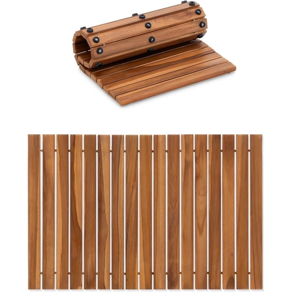 Roll Up Teak Bath Mat, Pre-Oiled Wooden Shower Mat with Non-Slip Pads, Teak String Mat for Bathroom, Spa Floor Mat for Tub, Shower & Entry