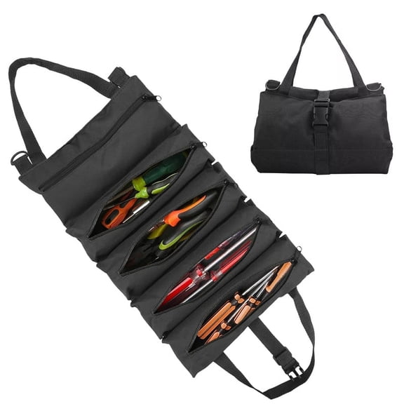 Roll Up Tool Bag, Heavy Duty Tool Organizer with 5 Zippered Pockets, Waterproof Oxford Cloth Tool Roll for Mechanics, Electricians, Repairmen (Black)