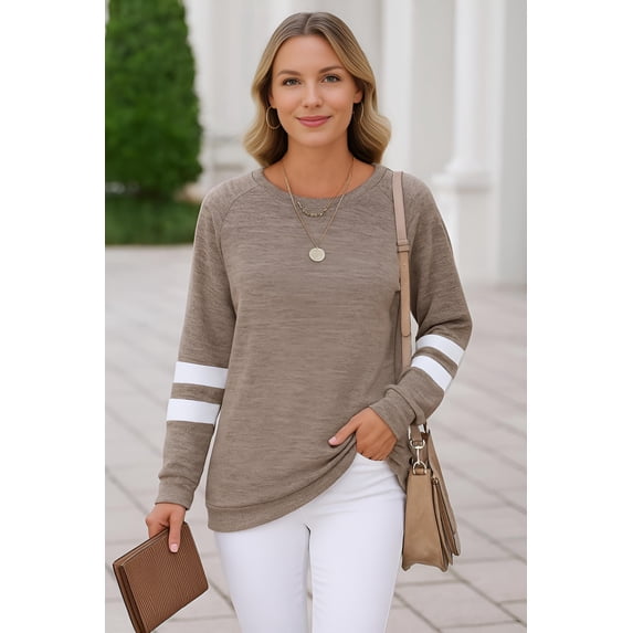 Roll Up Women's Casual Color Block Sweaters Sweatshirts striped Long Sleeve Shirts Fleece Tunic Tops (US, Alpha, X-Large, Regular, Regular, Khaki)
