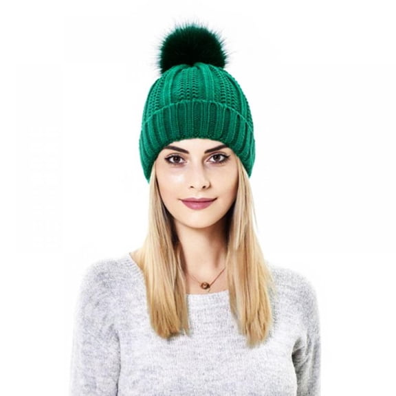 Roll Up Women's Cozy Winter Knitted Satin Lined Beanies Soft Pom Pom Skull Ski Cap Beanie Hat (Green)