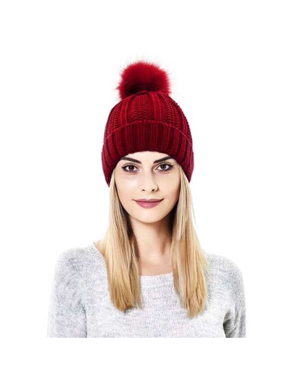 Women's Cozy Winter Knitted Satin Lined Beanies Soft Pom Pom Skull Ski Cap Beanie Hat (Wine Red)