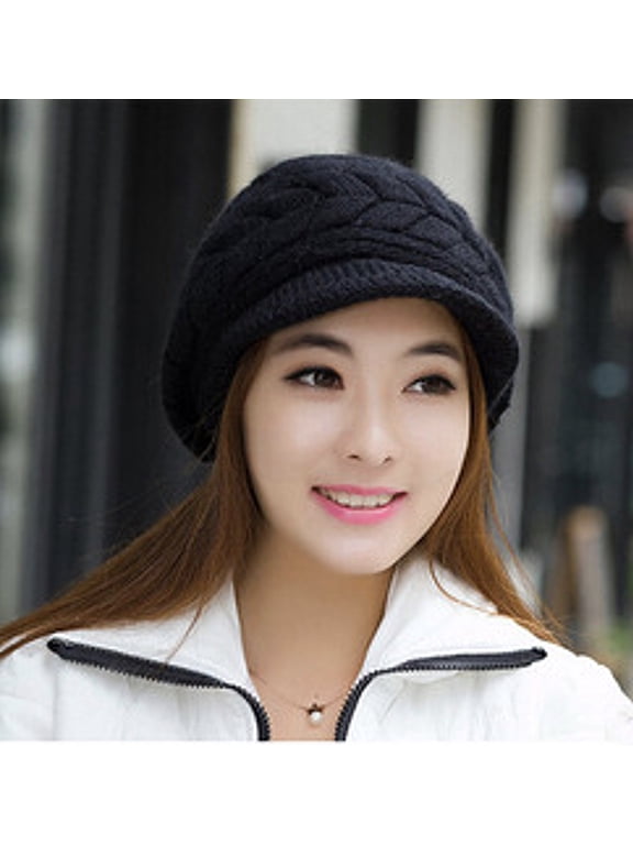 Women's Girls Cute Fall Winter Cozy Fur Earflap Knitted Ski Cap Beret Newsboy Beanie Hat Visor (Black_1)