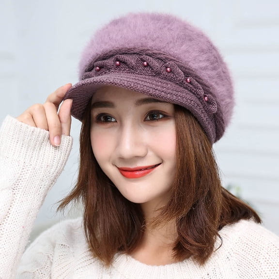 Roll Up Women's Girls Cute Fall Winter Cozy Fur Earflap Knitted Ski Cap Beret Newsboy Beanie Hat Visor (Lilac)