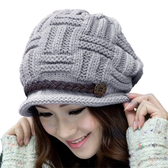 Roll Up Women's Girls Cute Fashion Winter Cozy Fur Earflap Knitted Wool Button Braided Strap Ski Cap Beret Newsboy Beanie Hat Visor (Grey)