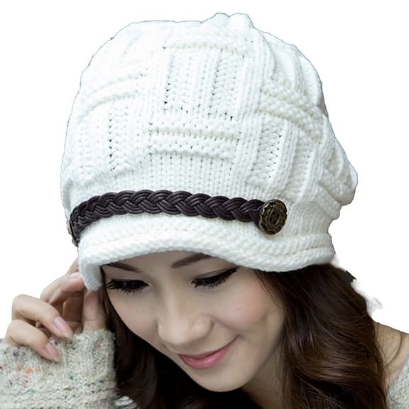 Roll Up Women's Girls Cute Winter Cozy Fur Earflap Knitted Wool Button Braided Strap Ski Cap Beret Newsboy Beanie Hat Visor (Snow)
