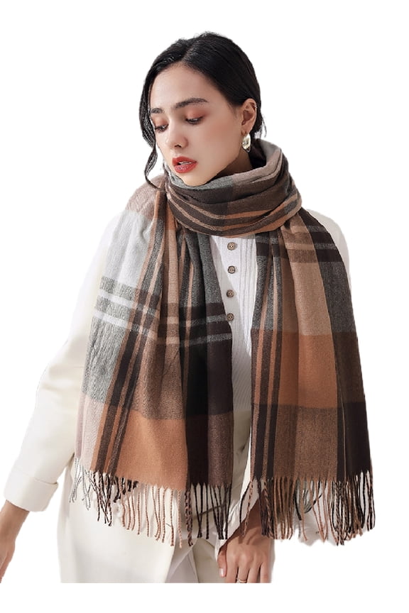 Women's Plaid Tartan checker Classic Soft Luxurious Winter Gifts Wrap Shawl Scarves Scarf (Brown, Beige)