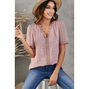 Roll Up Women's Spring Summer Swiss Dot Lace Short Sleeve Solid Color Casual Blouse Pink Top Office Blouses US, Alpha, X-Large, Regular, Regular, Pink