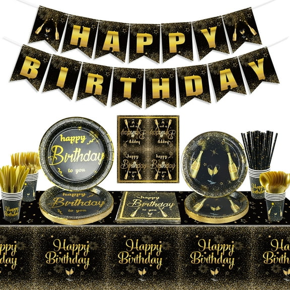 Roll over image to zoom in Black Gold Birthday Supplies, Black and Gold Birthday Party Decorations for Men, Women
