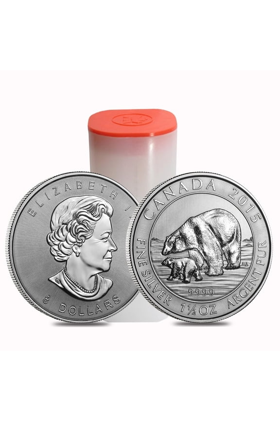 Roll of 15 - 2015 1.5 oz Canadian Silver Polar Bear and Cub $8 Coin .9999 Fine BU (Lot, Tube of 15)