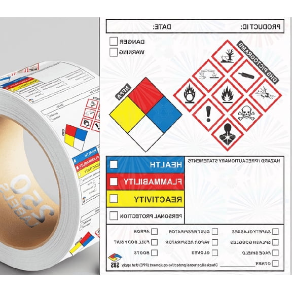Roll of 250 SDS Label Stickers, 4 x 3 Inches, GHS Pictograms & HMIS, Perforated Edges, Vinyl for Containers