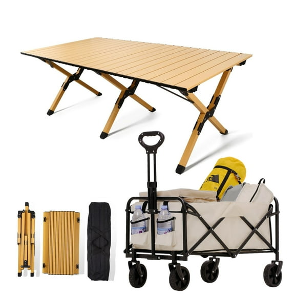 Roll-top Camping Table and Foldable Wagon Cart Set, Utility Portable Wagon +Table for Outdoor, Beach, Picnic, Backyards, BBQ and Party