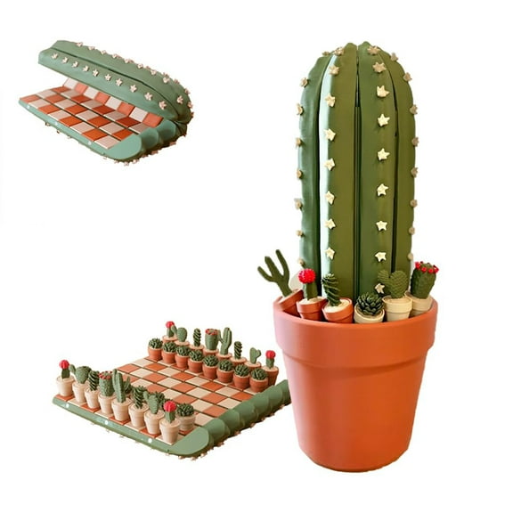Roll up Cactus Chess Board Set, 3D Printed with 32 Chess Pieces & Pot Case