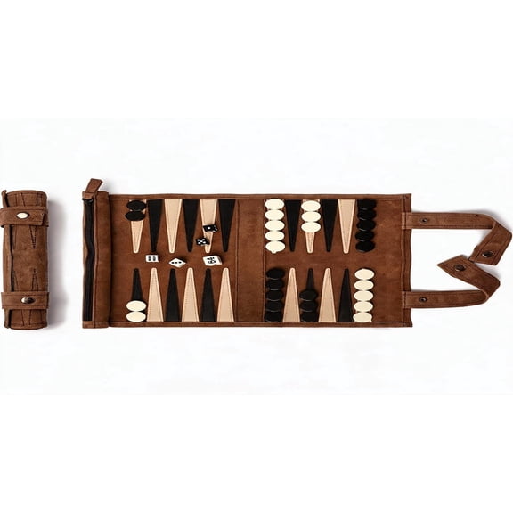 Roll-up Portable Leather Suede Backgammon Game Set 12.5 in x 10 in Lightweight Compact for Travel Mocha