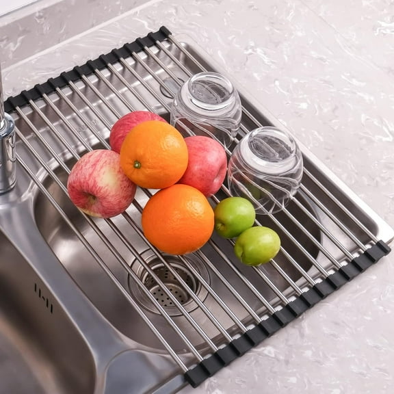Roll-up dish drying rack, kitchen countertop sink drying rack, rolling dish rack, sink mat, foldable dish drain rack, stainless steel rack, kitchen storage rack, 17.5" x 11.8"