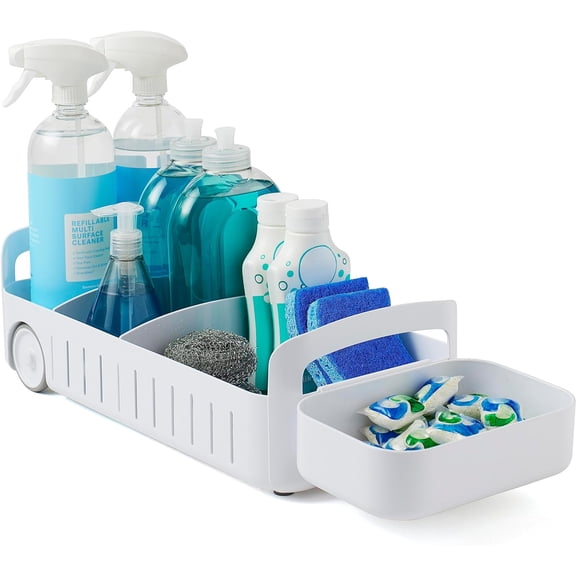 RollOut Caddy Rolling Storage Bin with 2 Adjustable Dividers and Removable Basket for Kitchen and Bathroom Under Sink Organization, 8" Wide