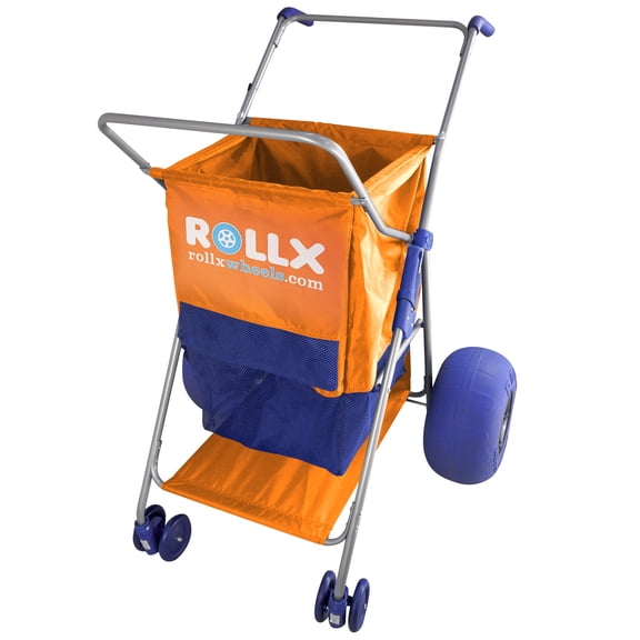 RollX Beach Cart with Big Balloon Wheels for Sand, Foldable Storage Wagon with 13 Inch Beach Tires ( Pump Included) (Orange)