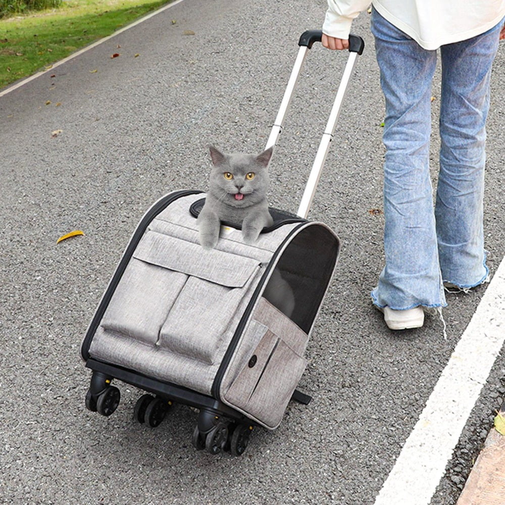 Rollable Pet Carrier with Removable Wheels, 600d Oxford Fabric Multi-Pocket Carrier Backpack Multi-Sided Breathable Viewable Window, Airline Approved for Dogs and Cats with Upgraded Wheels, Gray